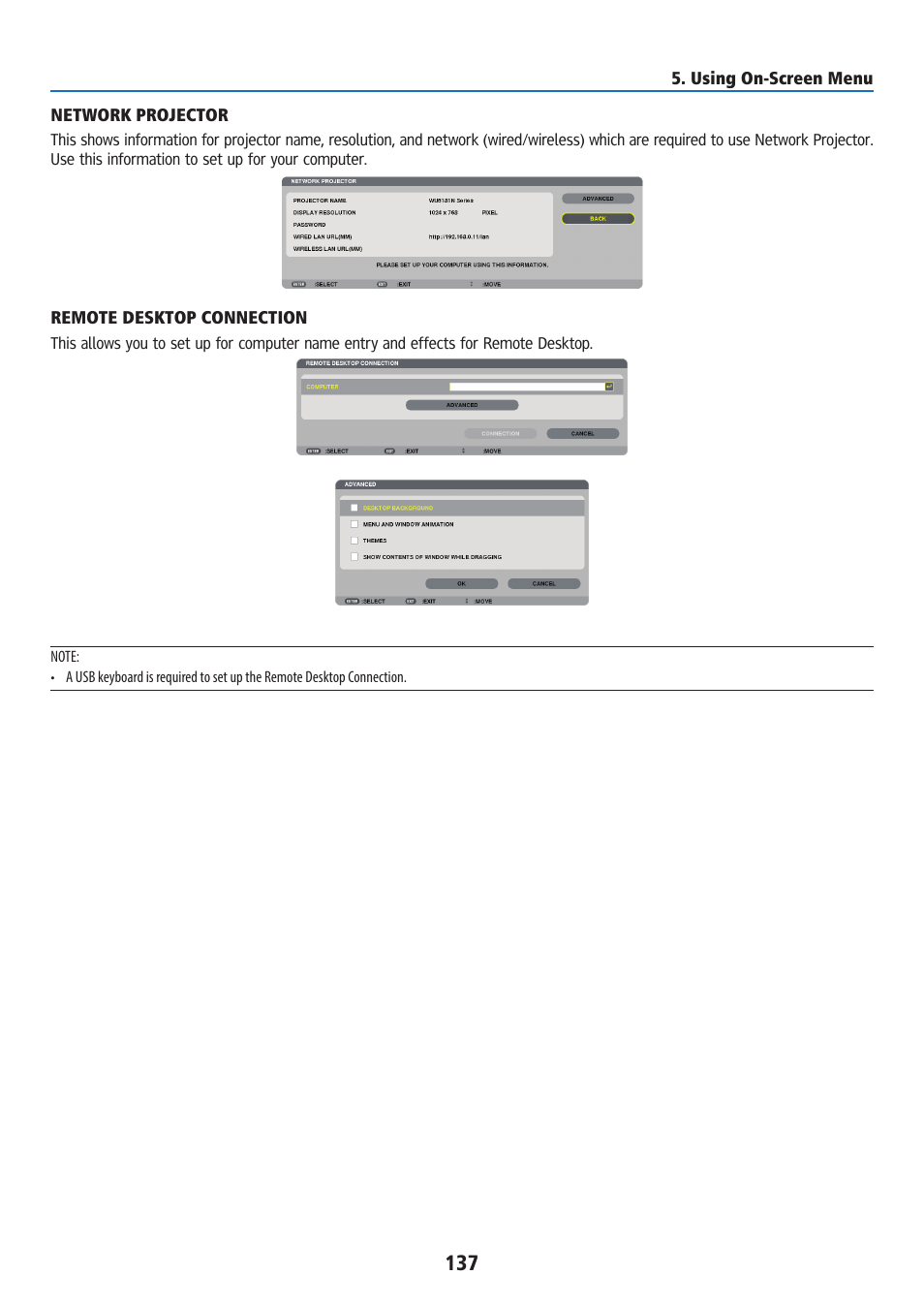 Network projector, Remote desktop connection | Ricoh PJ WU6181N 6200-Lumen WUXGA LCD Projector (No Lens) User Manual | Page 152 / 268