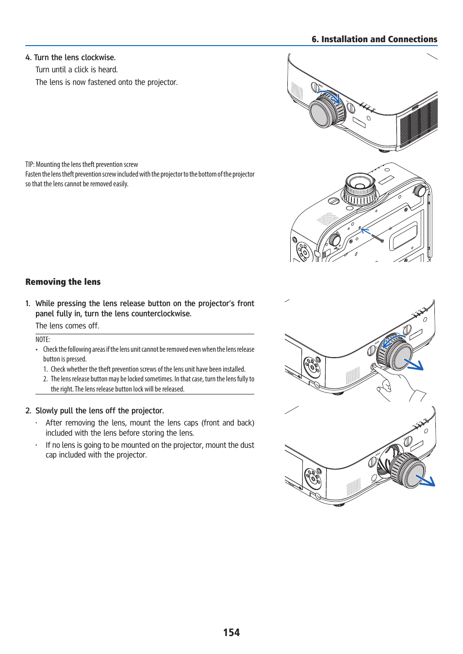 Removing the lens | Ricoh PJ WU6181N 6200-Lumen WUXGA LCD Projector (No Lens) User Manual | Page 169 / 268