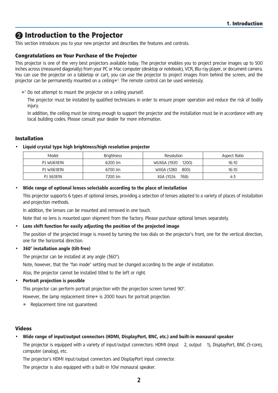 Introduction to the projector, Congratulations on your purchase of the projector, Installation | Videos | Ricoh PJ WU6181N 6200-Lumen WUXGA LCD Projector (No Lens) User Manual | Page 17 / 268