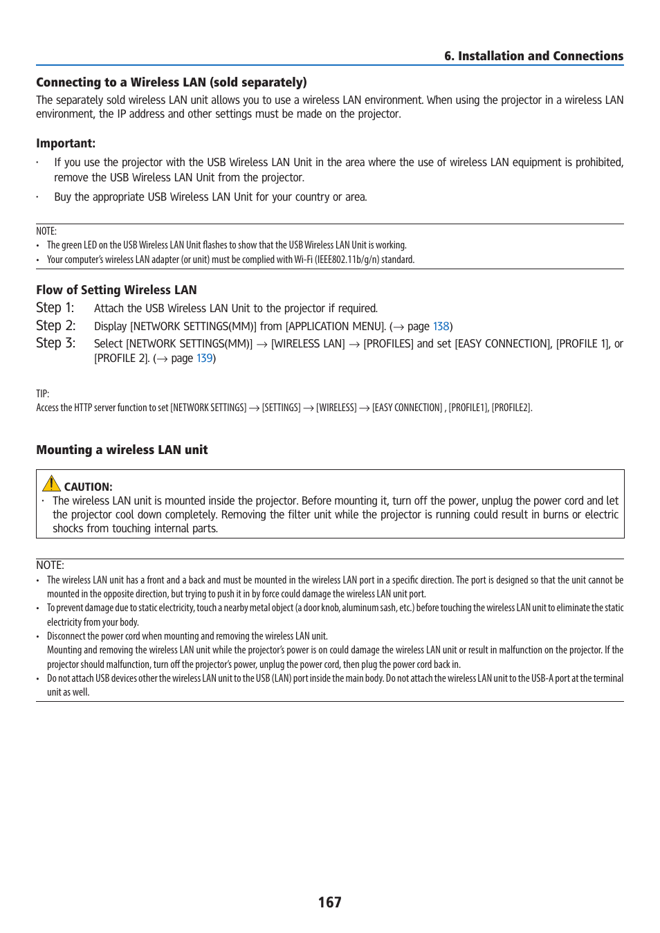 Connecting to a wireless lan (sold separately), Mounting a wireless lan unit, Step 1 | Step 2, Step 3 | Ricoh PJ WU6181N 6200-Lumen WUXGA LCD Projector (No Lens) User Manual | Page 182 / 268