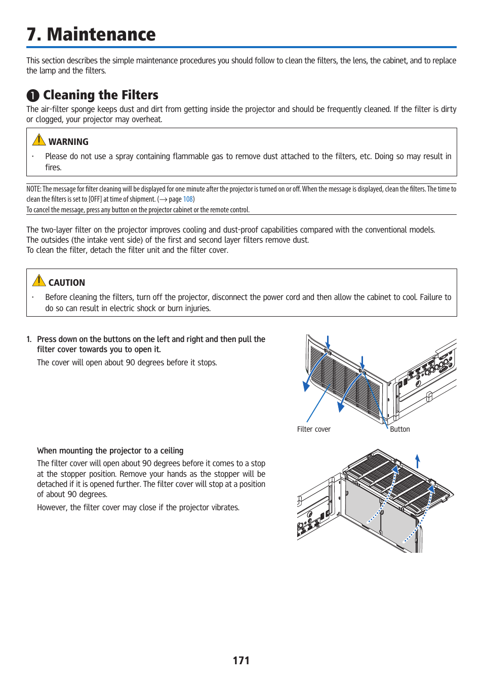 Maintenance, Cleaning the filters | Ricoh PJ WU6181N 6200-Lumen WUXGA LCD Projector (No Lens) User Manual | Page 186 / 268
