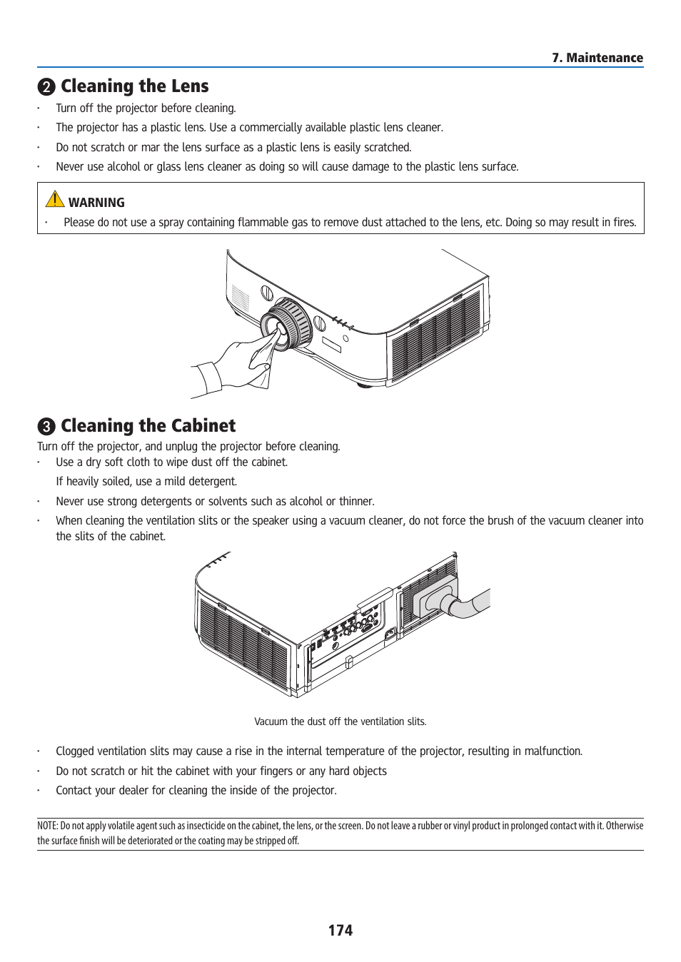Cleaning the lens, Cleaning the cabinet | Ricoh PJ WU6181N 6200-Lumen WUXGA LCD Projector (No Lens) User Manual | Page 189 / 268