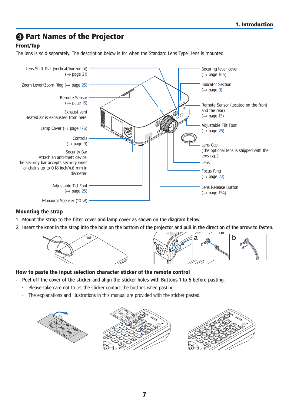 Part names of the projector, Front/top, Introduction | Mounting the strap | Ricoh PJ WU6181N 6200-Lumen WUXGA LCD Projector (No Lens) User Manual | Page 22 / 268