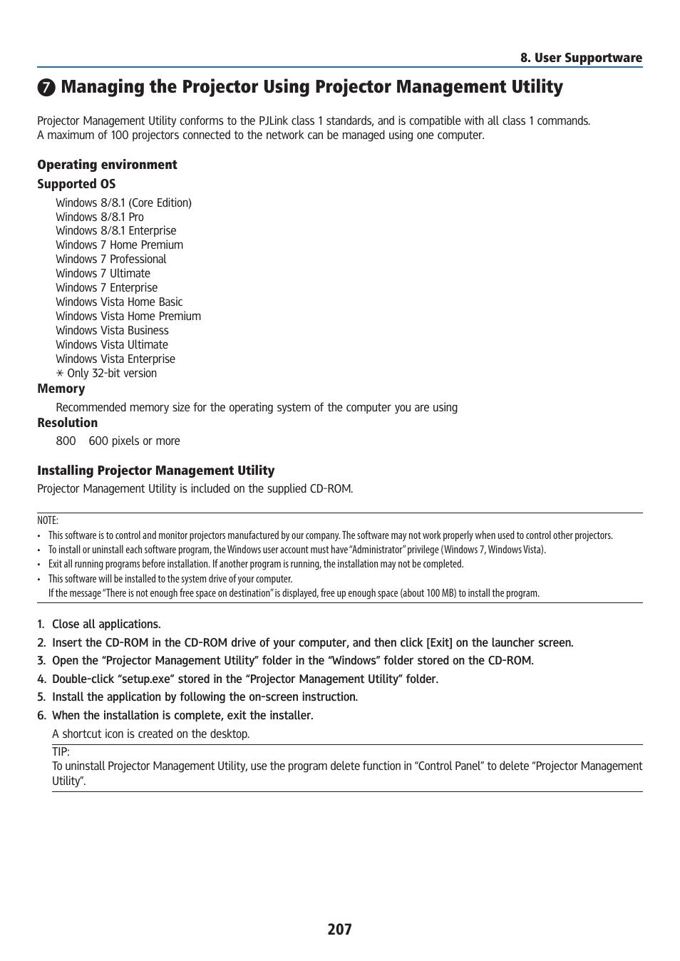 Operating environment, Installing projector management utility | Ricoh PJ WU6181N 6200-Lumen WUXGA LCD Projector (No Lens) User Manual | Page 222 / 268