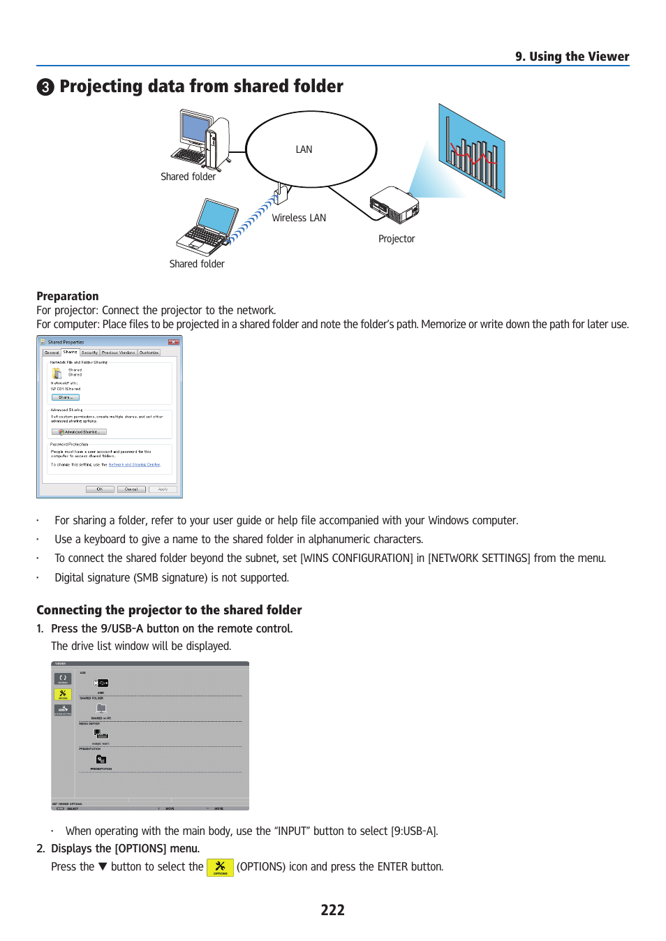 Projecting data from shared folder, Connecting the projector to the shared folder | Ricoh PJ WU6181N 6200-Lumen WUXGA LCD Projector (No Lens) User Manual | Page 237 / 268