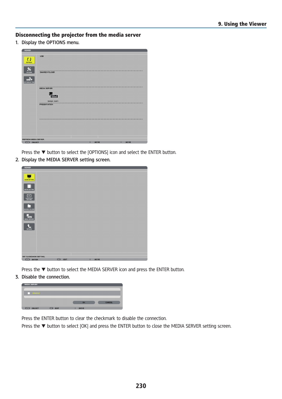 Disconnecting the projector from the media server | Ricoh PJ WU6181N 6200-Lumen WUXGA LCD Projector (No Lens) User Manual | Page 245 / 268
