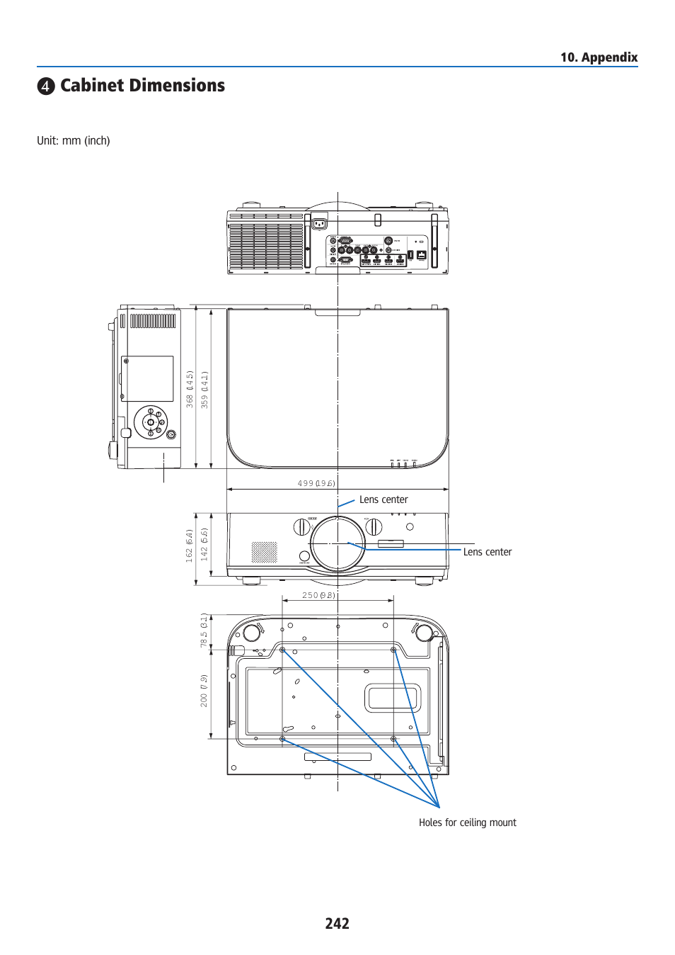 Cabinet dimensions, Appendix | Ricoh PJ WU6181N 6200-Lumen WUXGA LCD Projector (No Lens) User Manual | Page 257 / 268