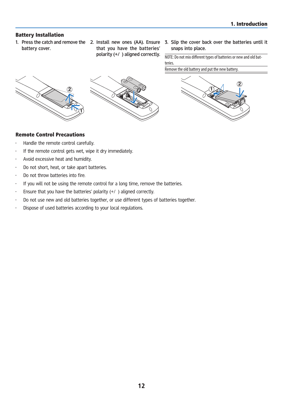 Battery installation, Remote control precautions | Ricoh PJ WU6181N 6200-Lumen WUXGA LCD Projector (No Lens) User Manual | Page 27 / 268