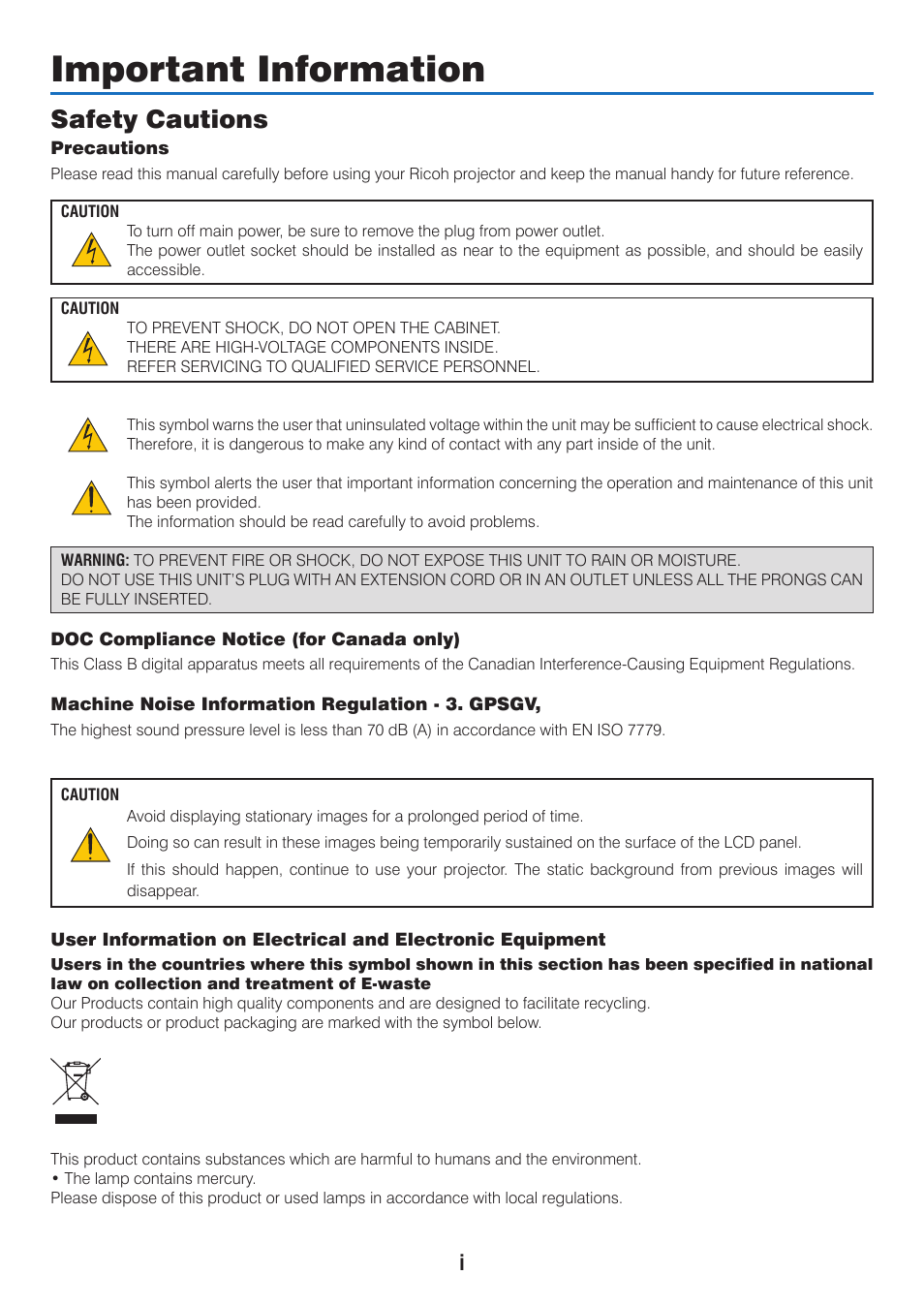 Important information, Safety cautions | Ricoh PJ WU6181N 6200-Lumen WUXGA LCD Projector (No Lens) User Manual | Page 3 / 268