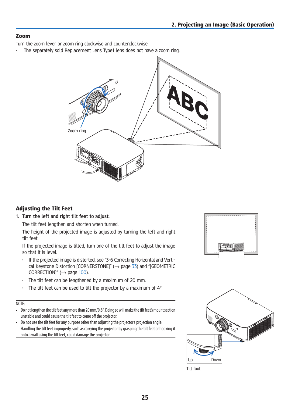 Zoom, Adjusting the tilt feet | Ricoh PJ WU6181N 6200-Lumen WUXGA LCD Projector (No Lens) User Manual | Page 40 / 268