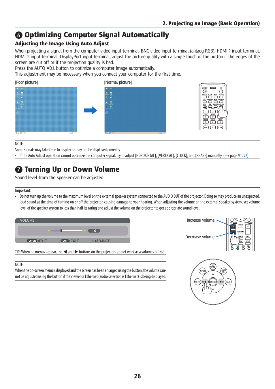 Optimizing computer signal automatically, Adjusting the image using auto adjust, Turning up or down volume | Ricoh PJ WU6181N 6200-Lumen WUXGA LCD Projector (No Lens) User Manual | Page 41 / 268