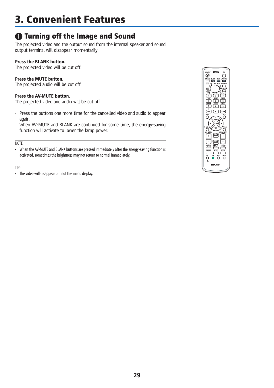 Convenient features, Turning off the image and sound | Ricoh PJ WU6181N 6200-Lumen WUXGA LCD Projector (No Lens) User Manual | Page 44 / 268