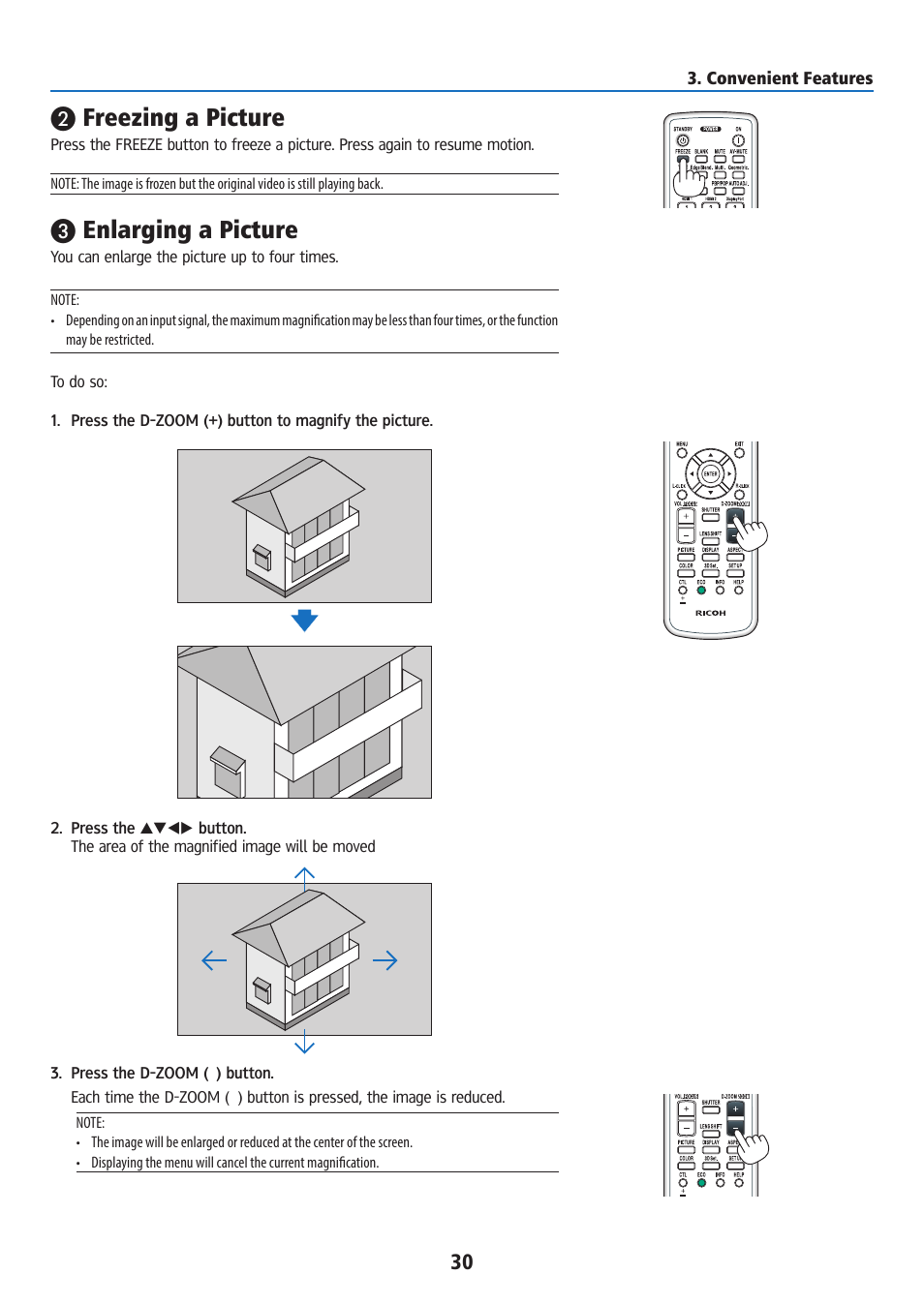 Freezing a picture, Enlarging a picture | Ricoh PJ WU6181N 6200-Lumen WUXGA LCD Projector (No Lens) User Manual | Page 45 / 268
