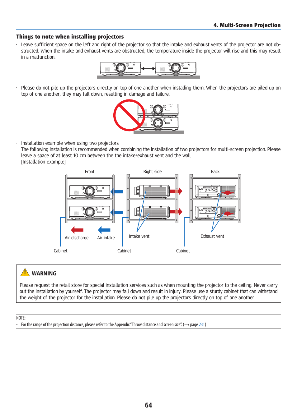 Things to note when installing projectors | Ricoh PJ WU6181N 6200-Lumen WUXGA LCD Projector (No Lens) User Manual | Page 79 / 268