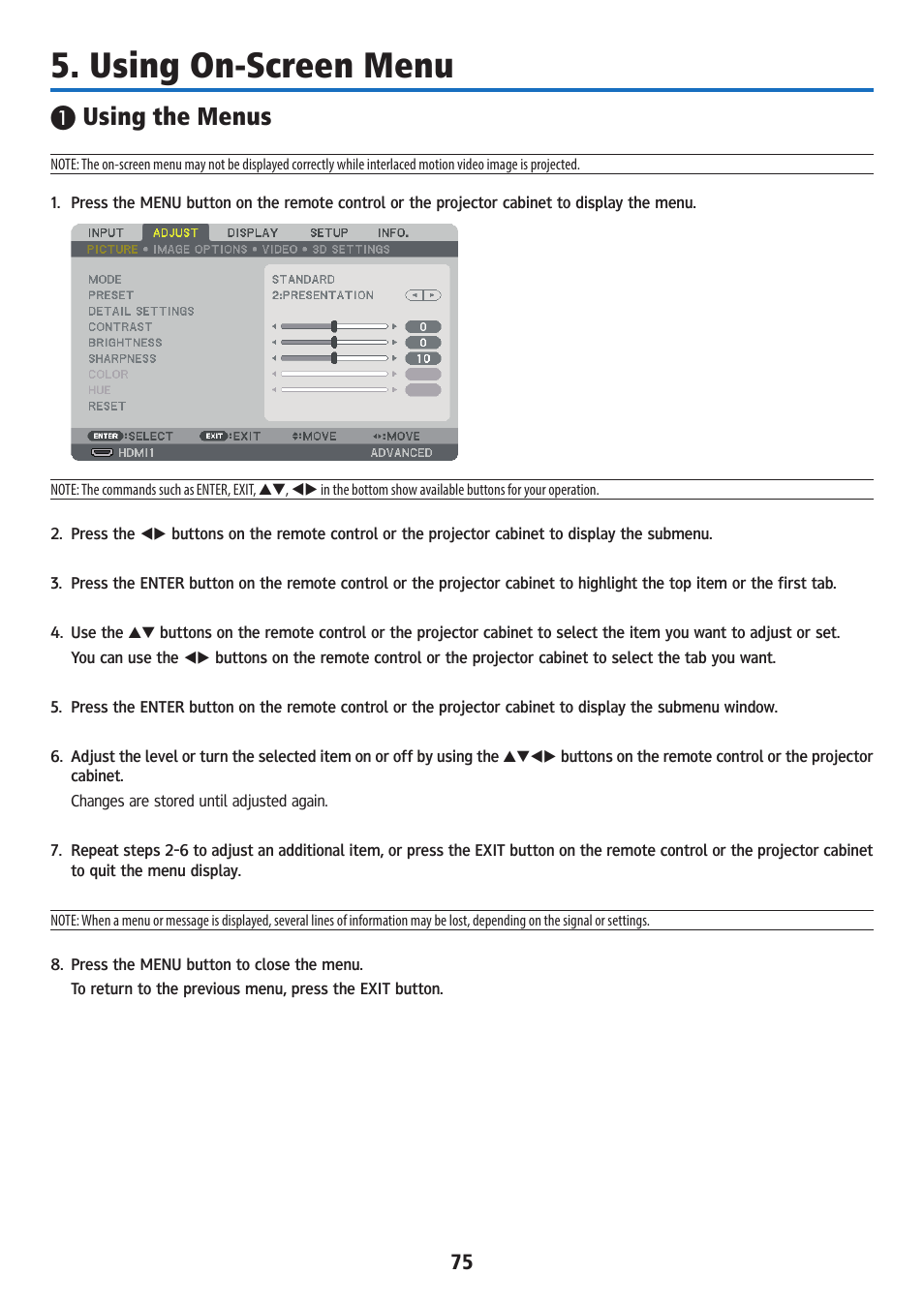 Using on-screen menu, Using the menus | Ricoh PJ WU6181N 6200-Lumen WUXGA LCD Projector (No Lens) User Manual | Page 90 / 268