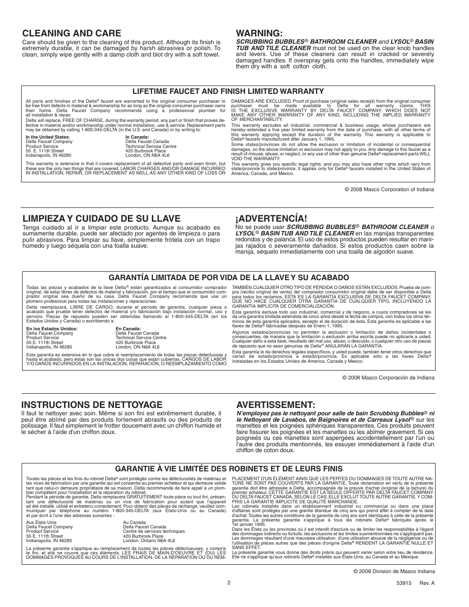 Cleaning and care, Warning, Instructions de nettoyage | Avertissement, Limpieza y cuidado de su llave, Advertencía, Lifetime faucet and finish limited warranty | Delta 500 Series User Manual | Page 2 / 8