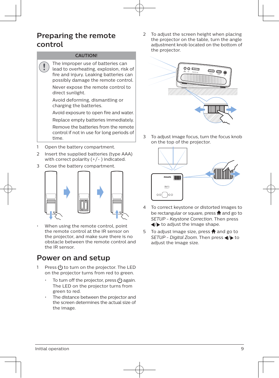 Preparing the remote control, Power on and setup | Philips NeoPix Easy 2+ HD LCD Projector User Manual | Page 10 / 154