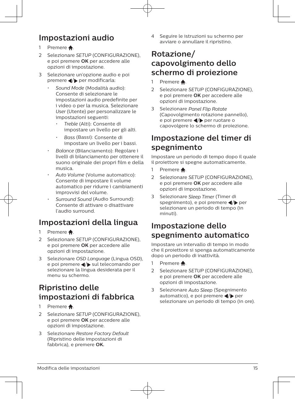 Impostazioni audio, Impostazioni della lingua, Ripristino delle impostazioni di fabbrica | Impostazione del timer di spegnimento, Impostazione dello spegnimento automatico | Philips NeoPix Easy 2+ HD LCD Projector User Manual | Page 103 / 154