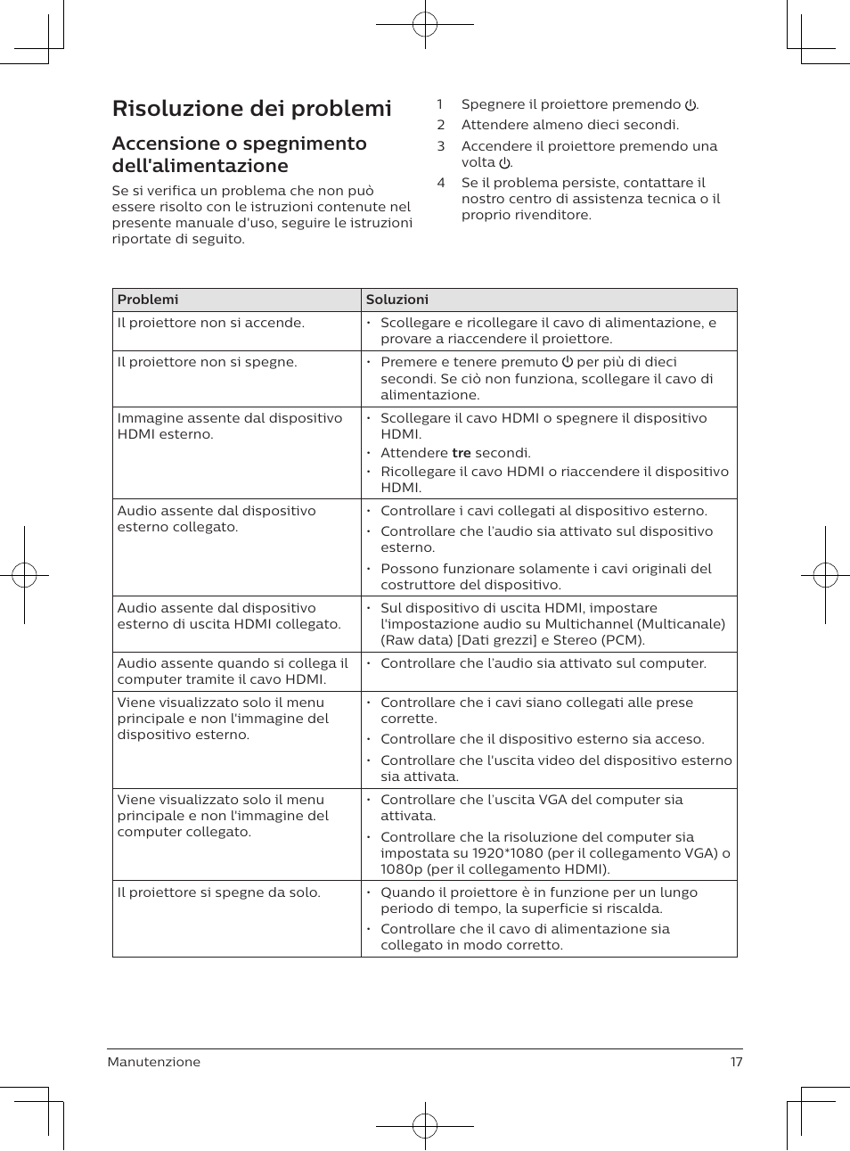 Risoluzione dei problemi, Accensione o spegnimento dell'alimentazione | Philips NeoPix Easy 2+ HD LCD Projector User Manual | Page 105 / 154