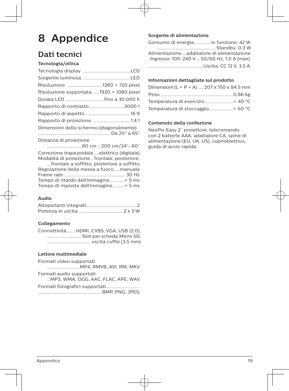 8 appendice, Dati tecnici | Philips NeoPix Easy 2+ HD LCD Projector User Manual | Page 107 / 154