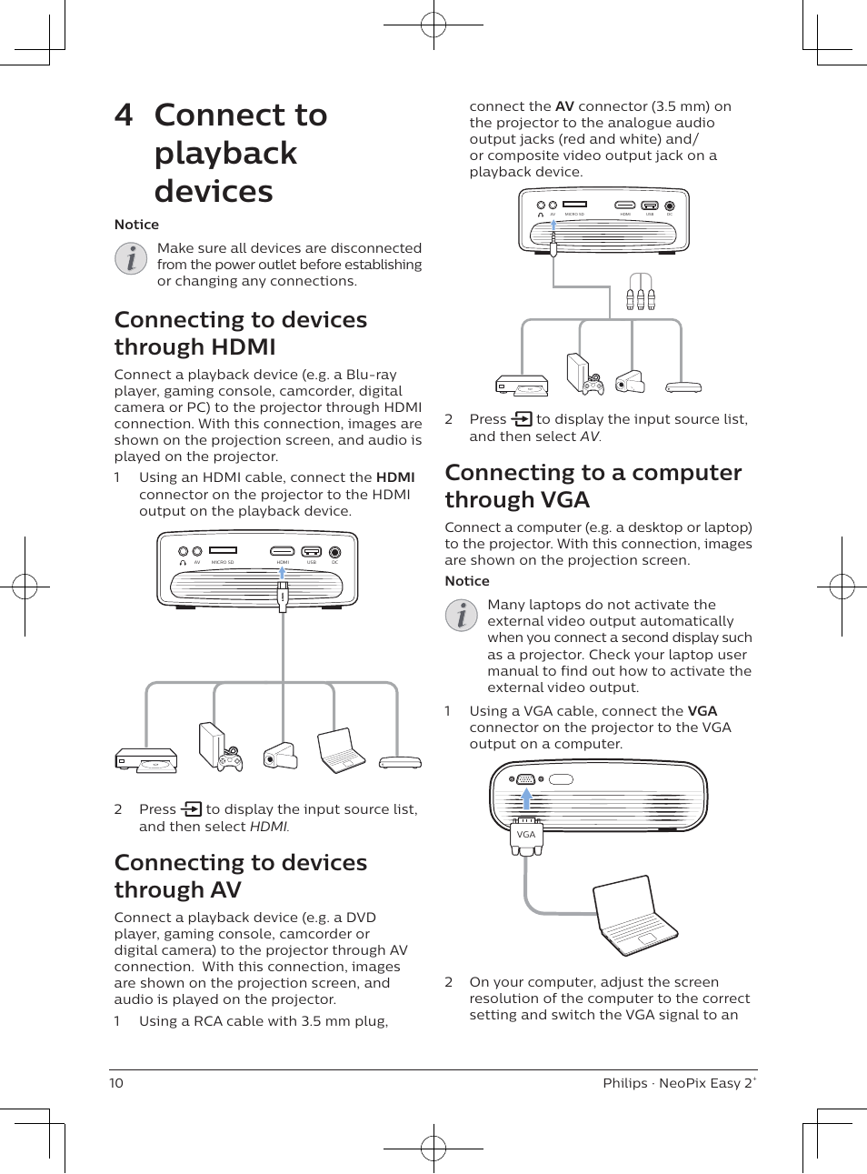 4 connect to playback devices, Connecting to devices through hdmi, Connecting to devices through av | Connecting to a computer through vga | Philips NeoPix Easy 2+ HD LCD Projector User Manual | Page 11 / 154