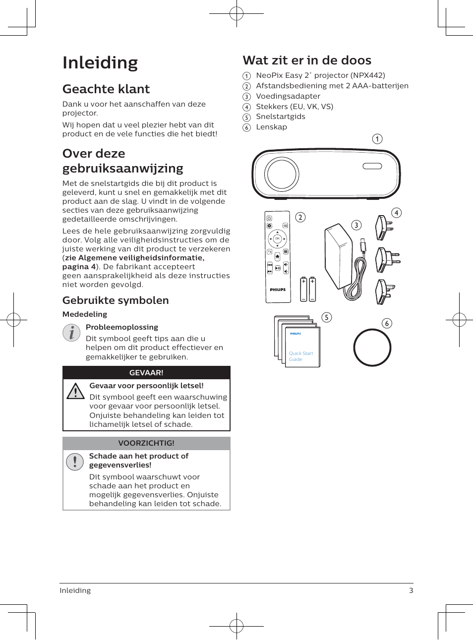 Inleiding, Geachte klant, Over deze gebruiksaanwijzing | Wat zit er in de doos, Gebruikte symbolen | Philips NeoPix Easy 2+ HD LCD Projector User Manual | Page 113 / 154