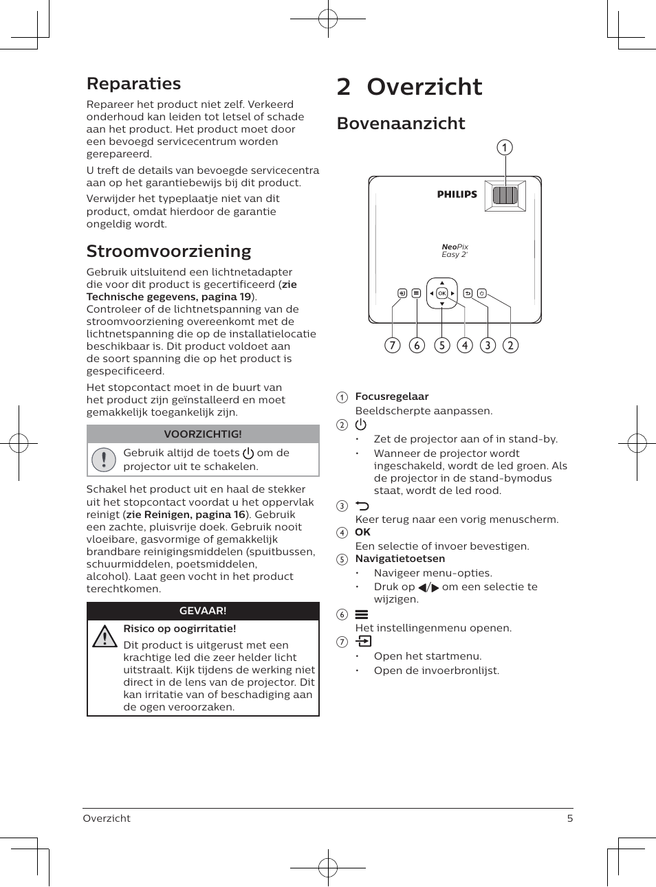 2 overzicht, Reparaties, Stroomvoorziening | Bovenaanzicht | Philips NeoPix Easy 2+ HD LCD Projector User Manual | Page 115 / 154