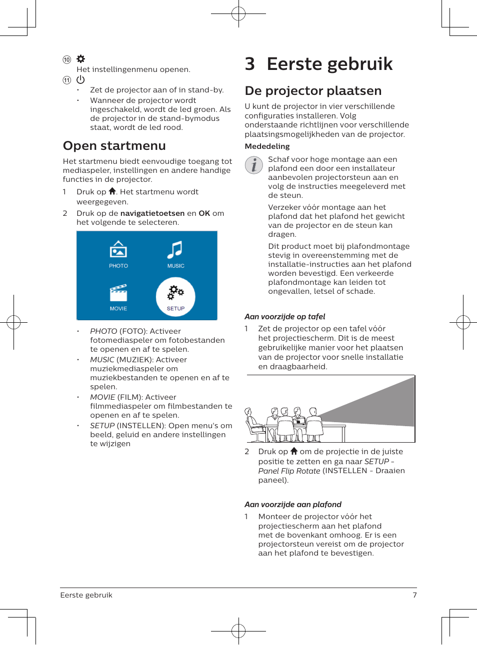 3 eerste gebruik, Open startmenu, De projector plaatsen | Philips NeoPix Easy 2+ HD LCD Projector User Manual | Page 117 / 154