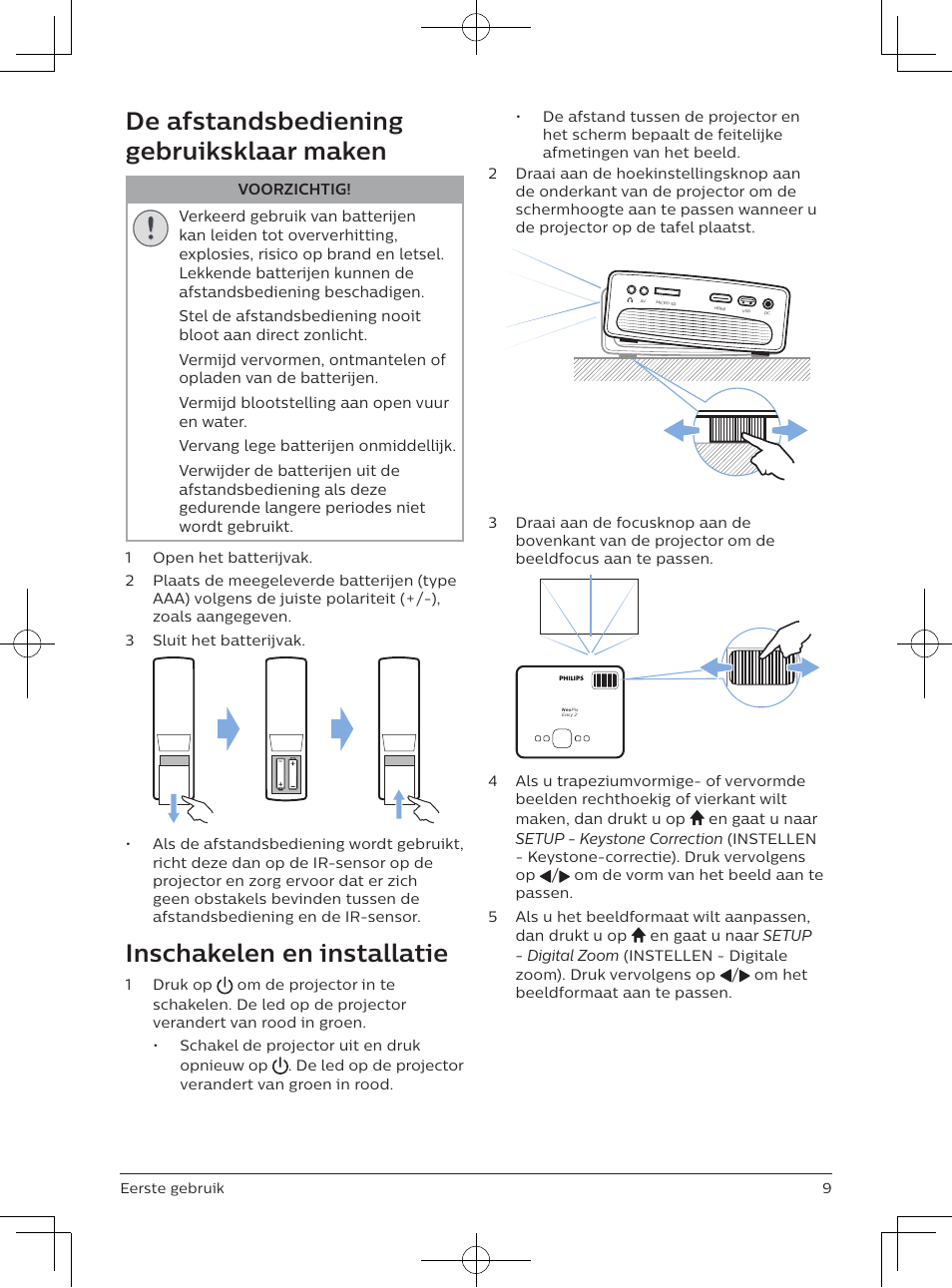 De afstandsbediening gebruiksklaar maken, Inschakelen en installatie | Philips NeoPix Easy 2+ HD LCD Projector User Manual | Page 119 / 154