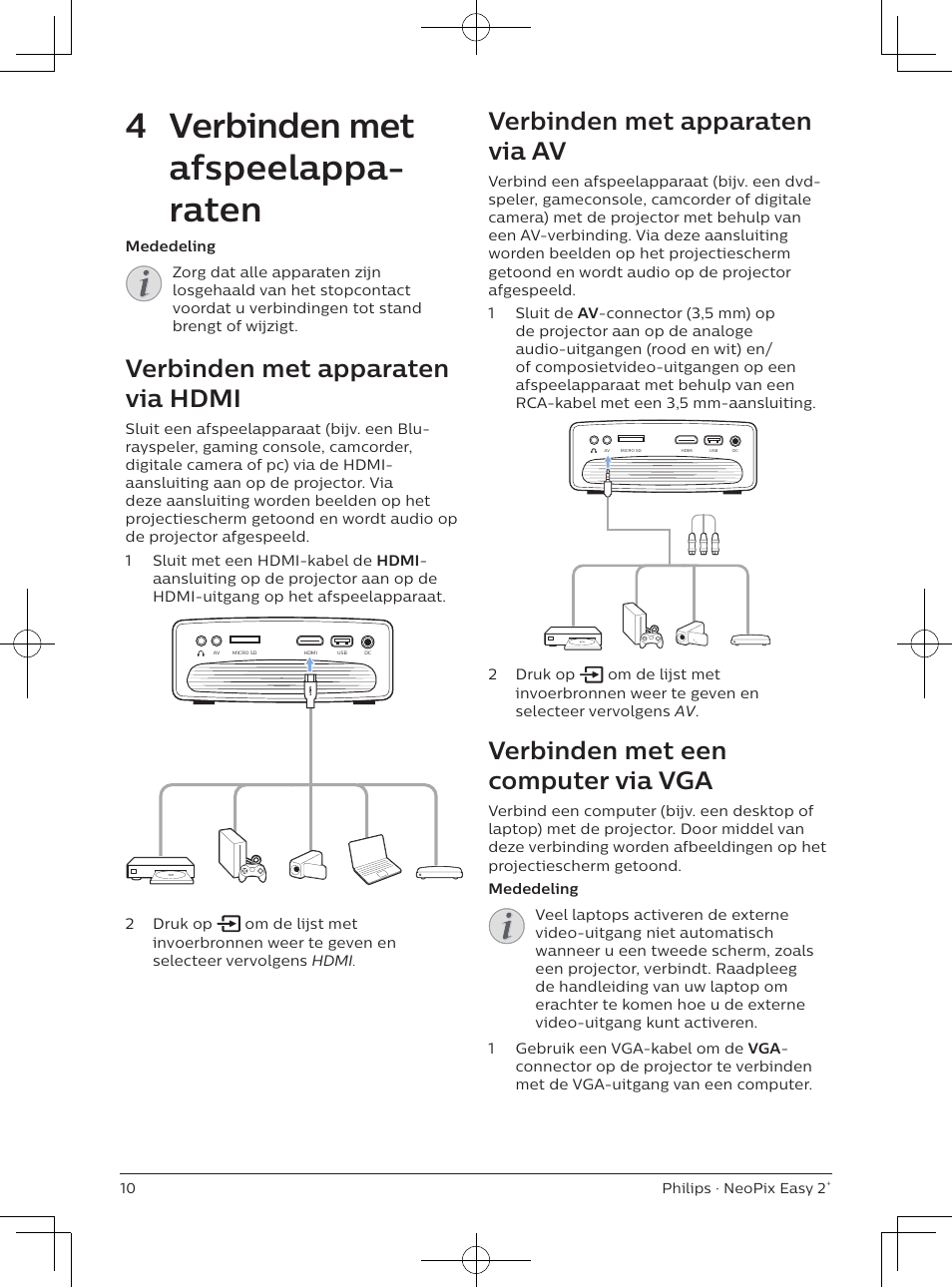 4 verbinden met afspeelappa- raten, Verbinden met apparaten via hdmi, Verbinden met apparaten via av | Verbinden met een computer via vga | Philips NeoPix Easy 2+ HD LCD Projector User Manual | Page 120 / 154