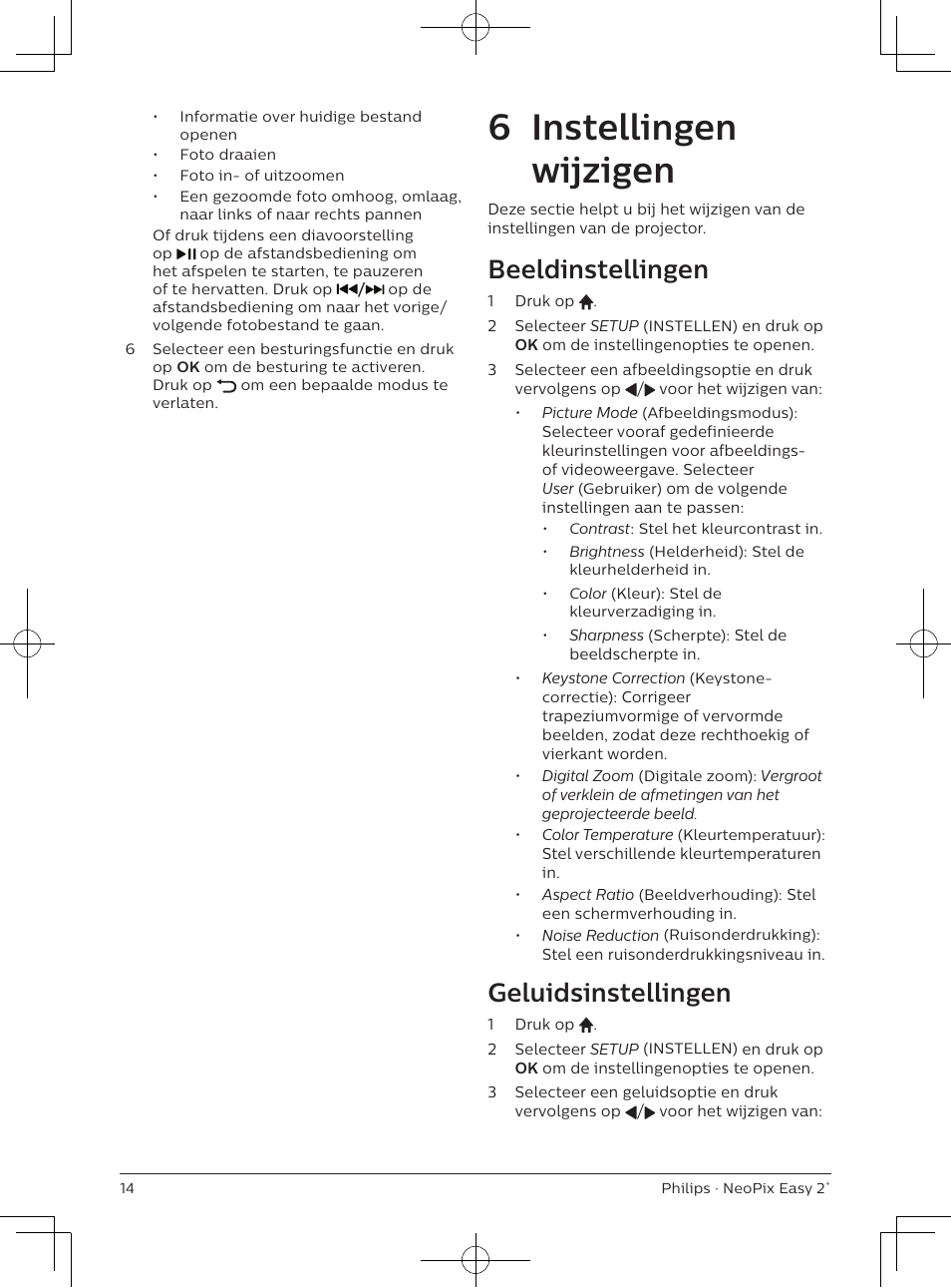 6 instellingen wijzigen, Beeldinstellingen, Geluidsinstellingen | Philips NeoPix Easy 2+ HD LCD Projector User Manual | Page 124 / 154