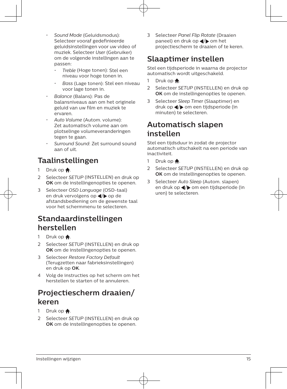 Taalinstellingen, Standaardinstellingen herstellen, Projectiescherm draaien/ keren | Slaaptimer instellen, Automatisch slapen instellen | Philips NeoPix Easy 2+ HD LCD Projector User Manual | Page 125 / 154