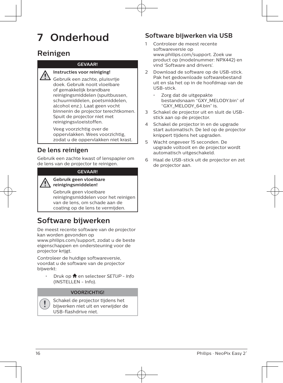 7 onderhoud, Reinigen, Software bijwerken | De lens reinigen, Software bijwerken via usb | Philips NeoPix Easy 2+ HD LCD Projector User Manual | Page 126 / 154