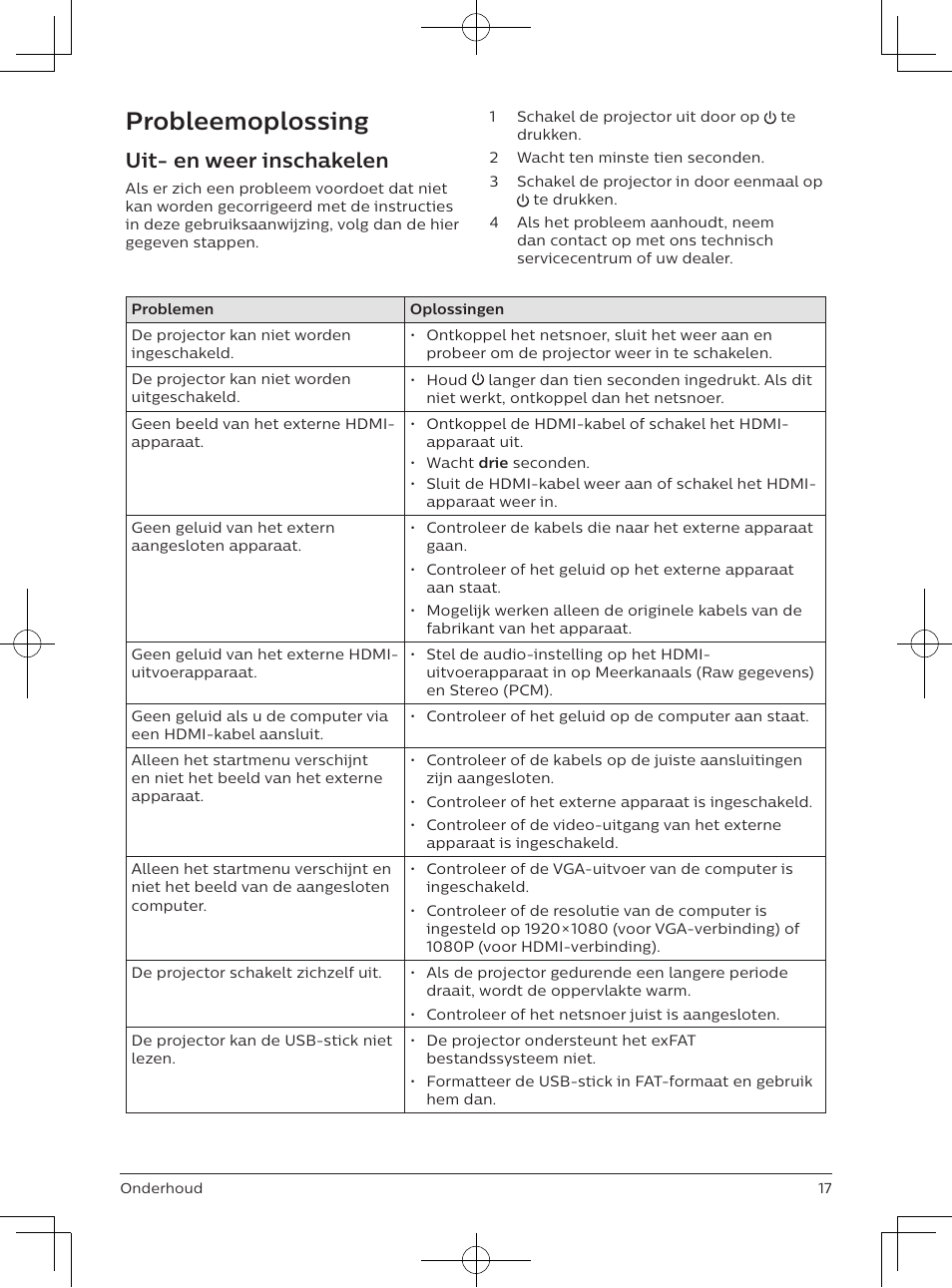 Probleemoplossing, Uit- en weer inschakelen | Philips NeoPix Easy 2+ HD LCD Projector User Manual | Page 127 / 154