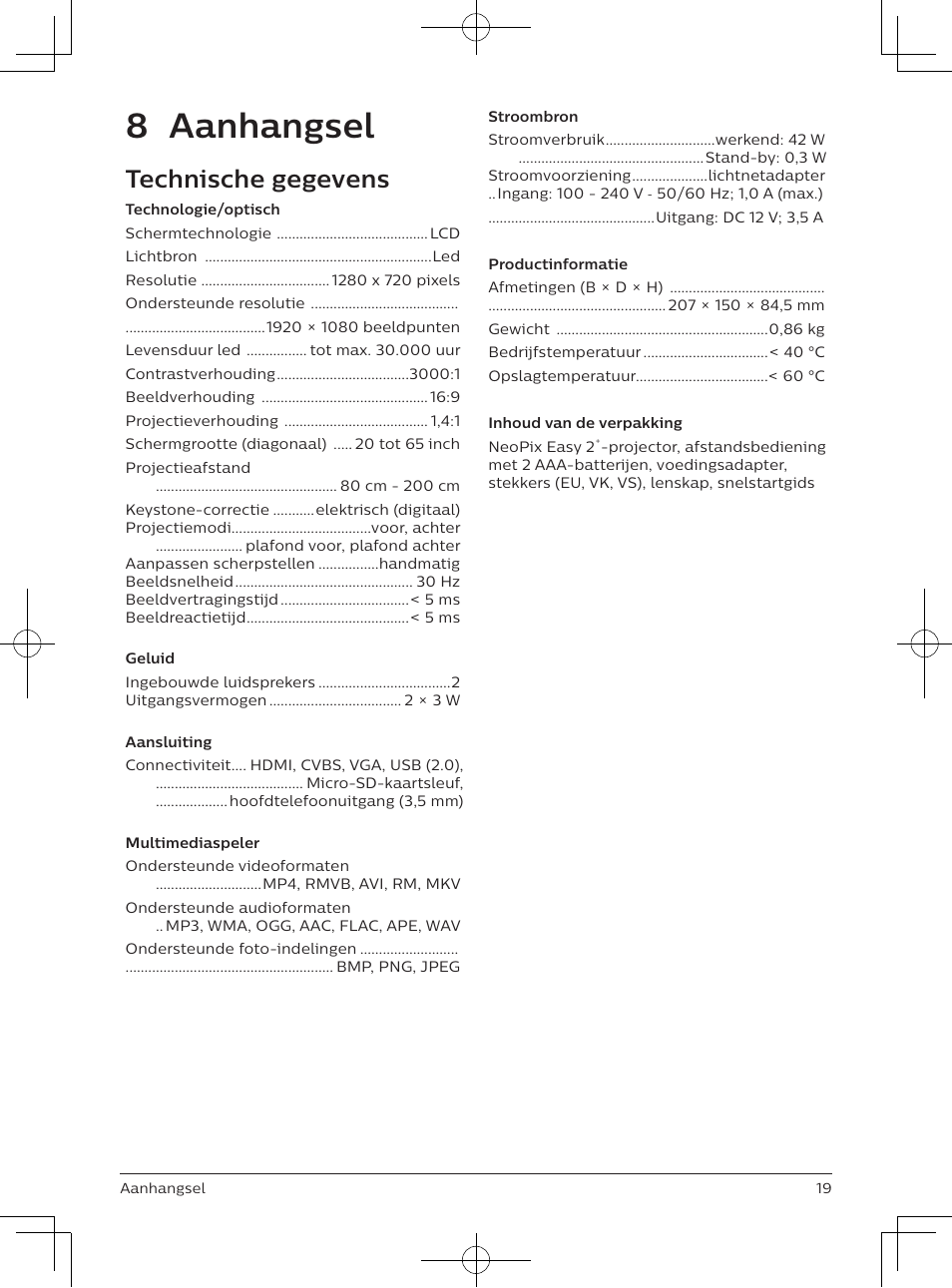 8 aanhangsel, Technische gegevens | Philips NeoPix Easy 2+ HD LCD Projector User Manual | Page 129 / 154