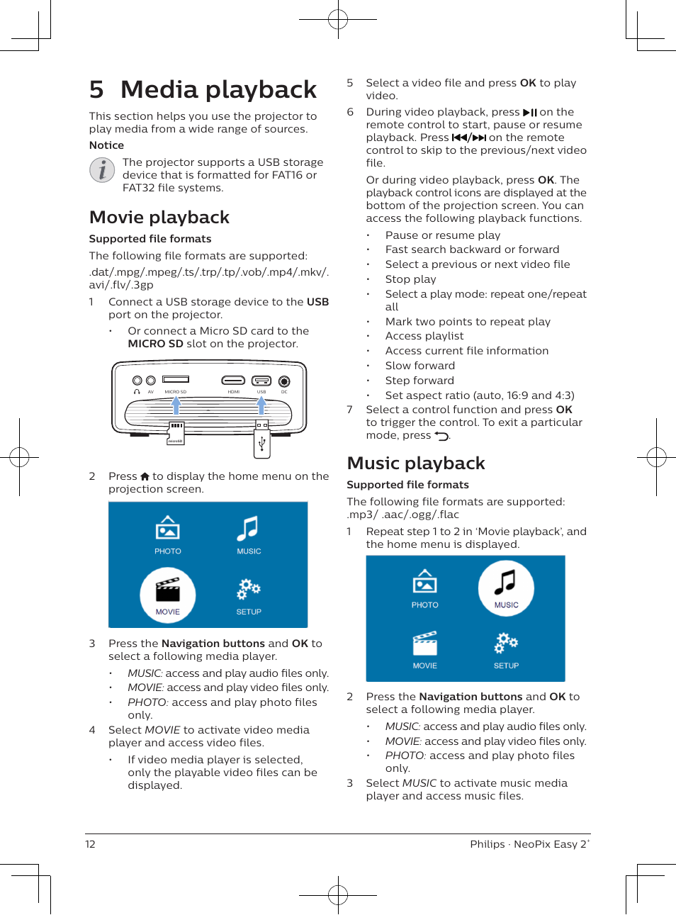 5 media playback, Movie playback, Music playback | Philips NeoPix Easy 2+ HD LCD Projector User Manual | Page 13 / 154