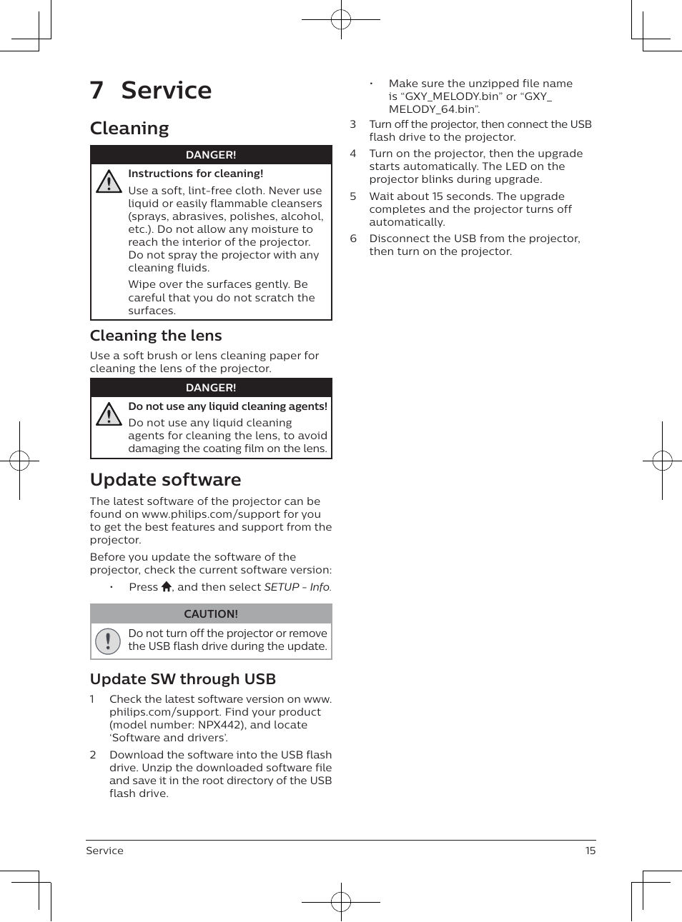 7 service, Cleaning, Update software | Cleaning the lens, Update sw through usb | Philips NeoPix Easy 2+ HD LCD Projector User Manual | Page 16 / 154