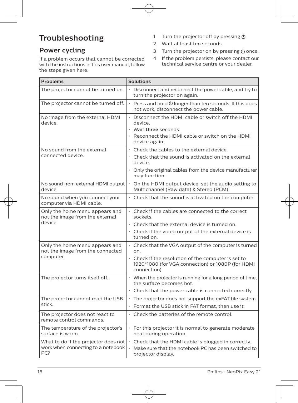 Troubleshooting, Power cycling | Philips NeoPix Easy 2+ HD LCD Projector User Manual | Page 17 / 154