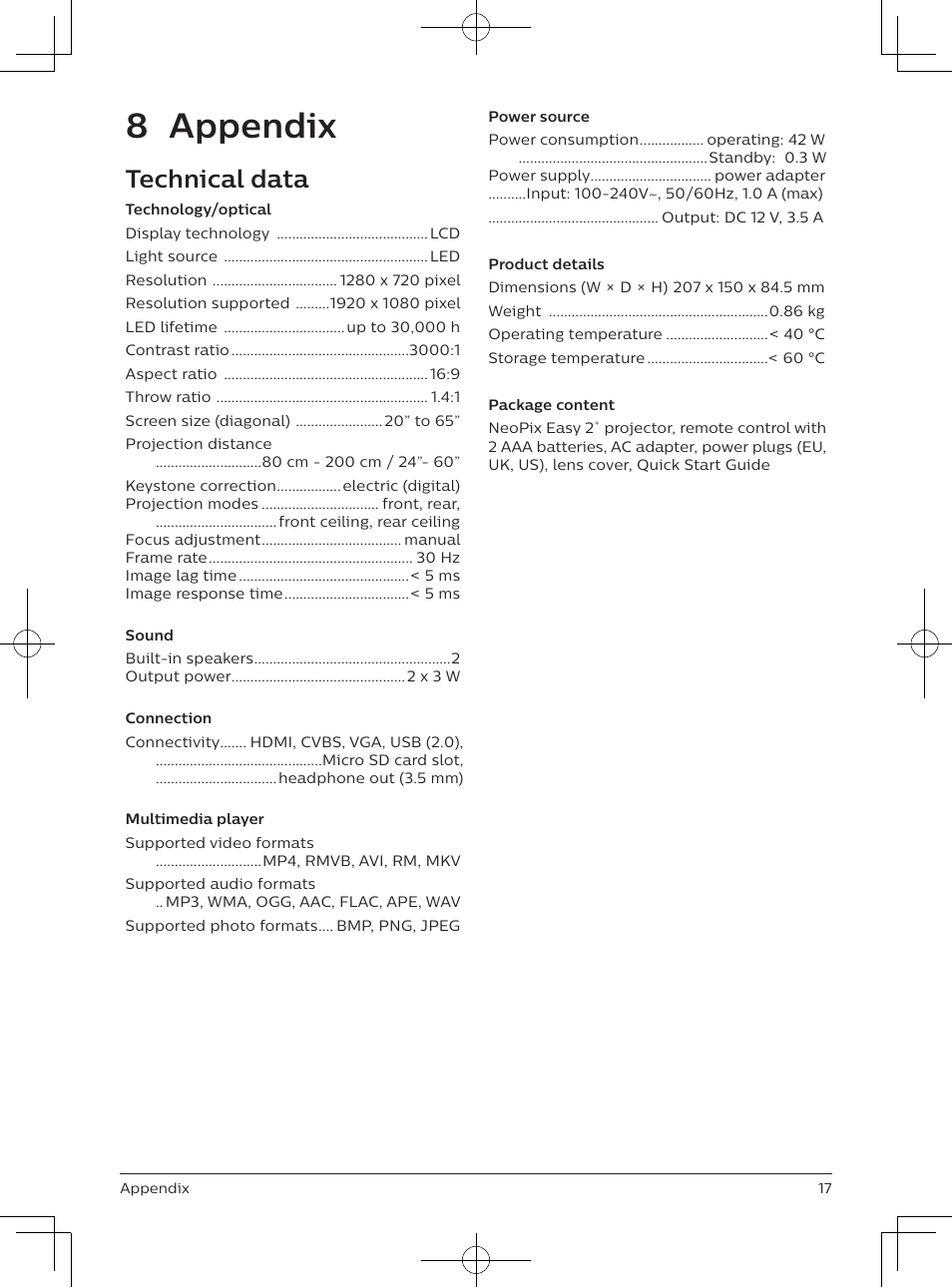 8 appendix, Technical data | Philips NeoPix Easy 2+ HD LCD Projector User Manual | Page 18 / 154