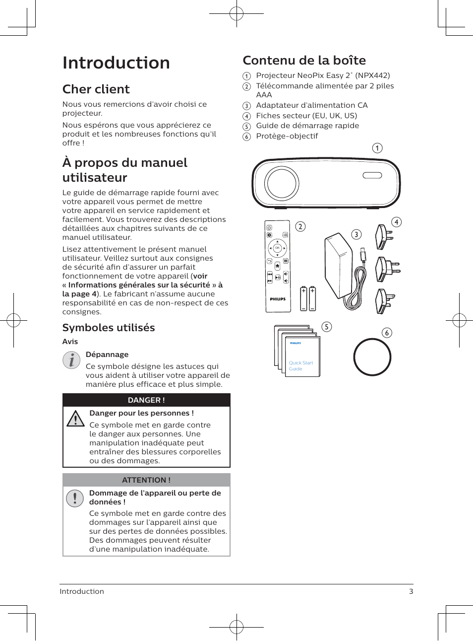 Introduction, Cher client, À propos du manuel utilisateur | Contenu de la boîte, Symboles utilisés | Philips NeoPix Easy 2+ HD LCD Projector User Manual | Page 24 / 154