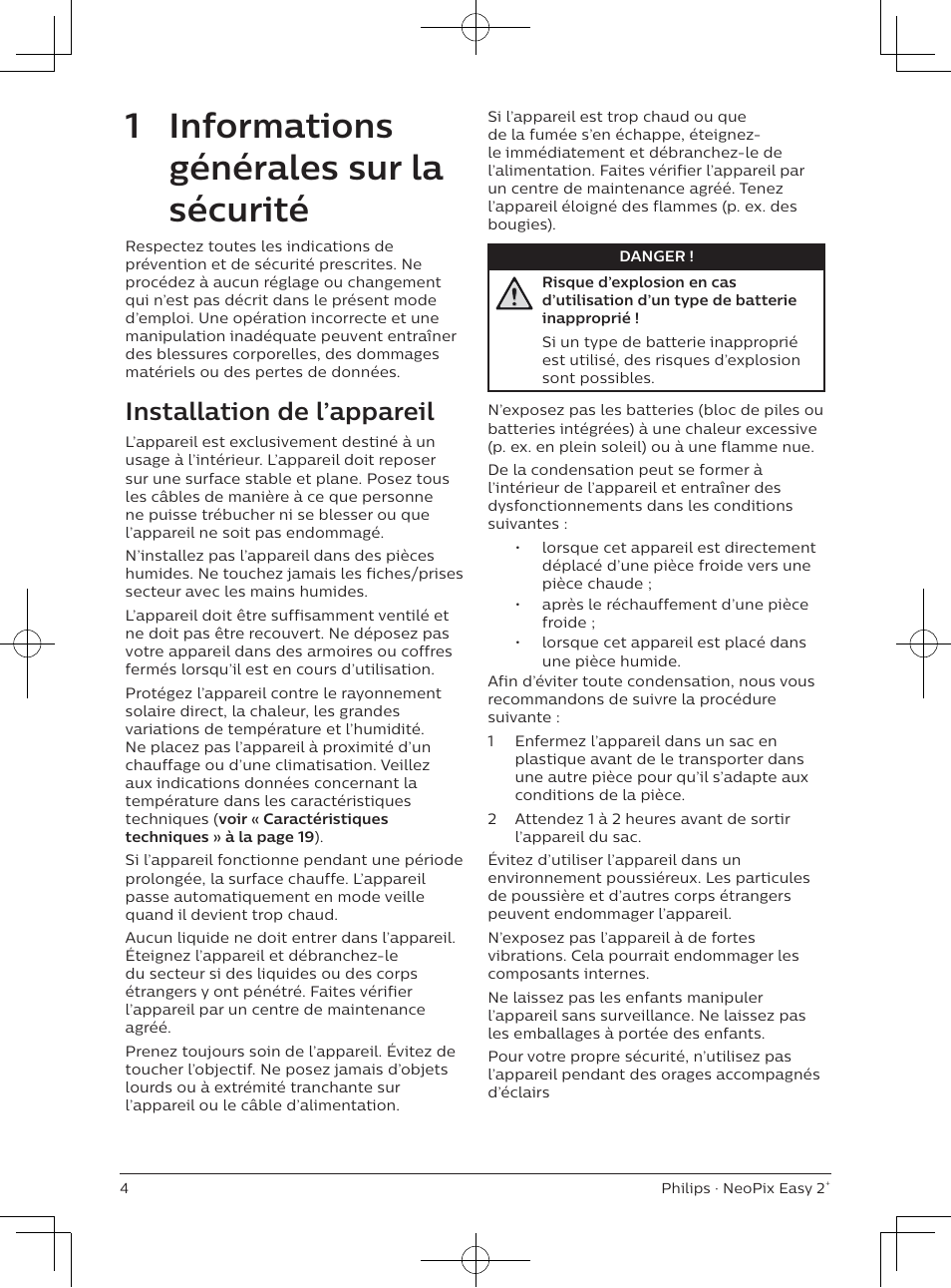 1 informations générales sur la sécurité, Installation de l’appareil | Philips NeoPix Easy 2+ HD LCD Projector User Manual | Page 25 / 154