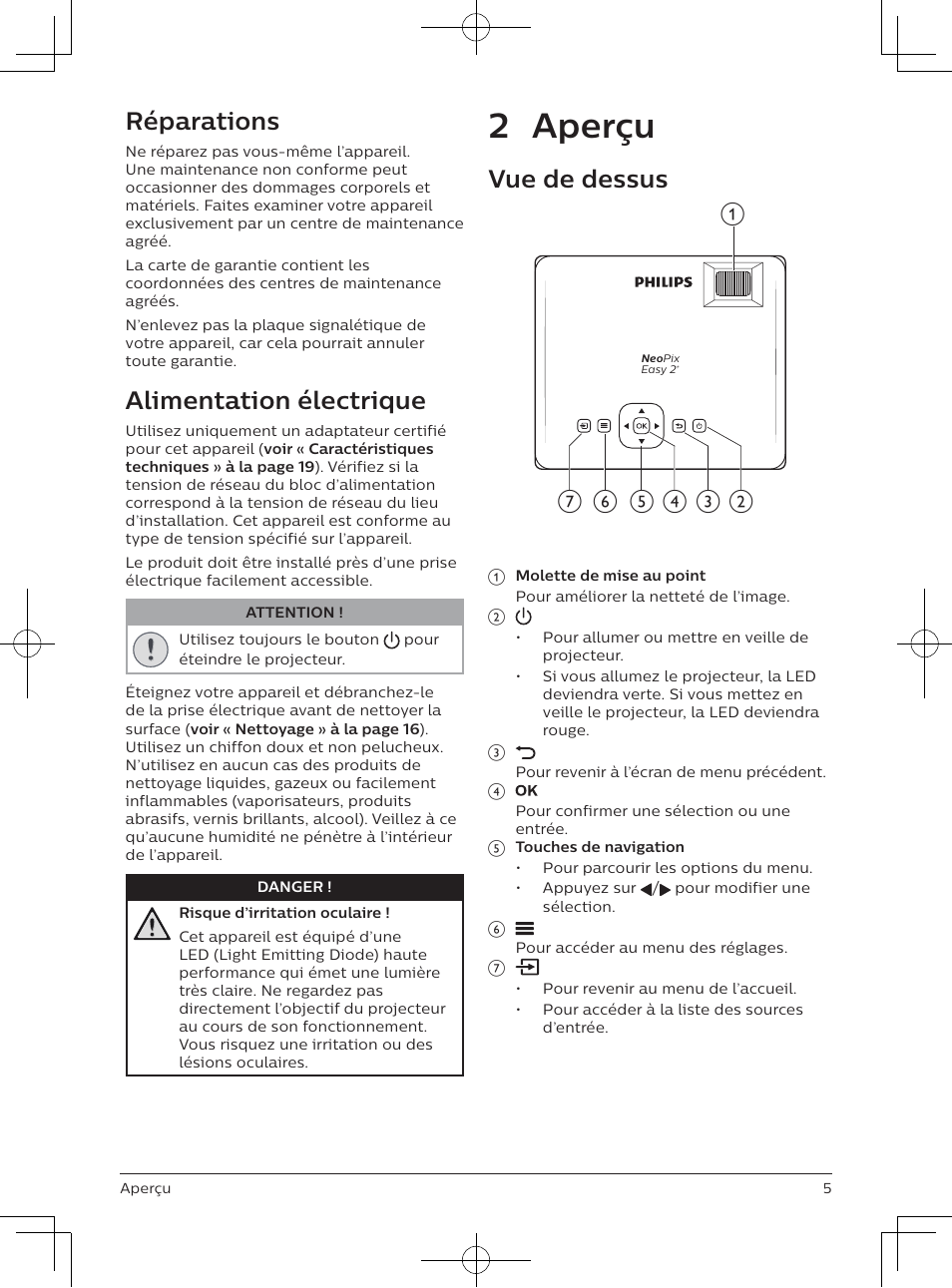 2 aperçu, Réparations, Alimentation électrique | Vue de dessus | Philips NeoPix Easy 2+ HD LCD Projector User Manual | Page 26 / 154