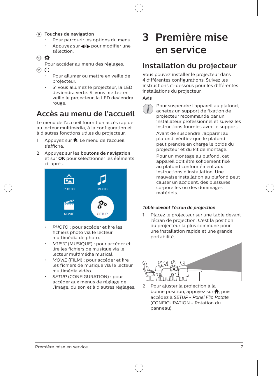 3 première mise en service, Accès au menu de l’accueil, Installation du projecteur | Philips NeoPix Easy 2+ HD LCD Projector User Manual | Page 28 / 154