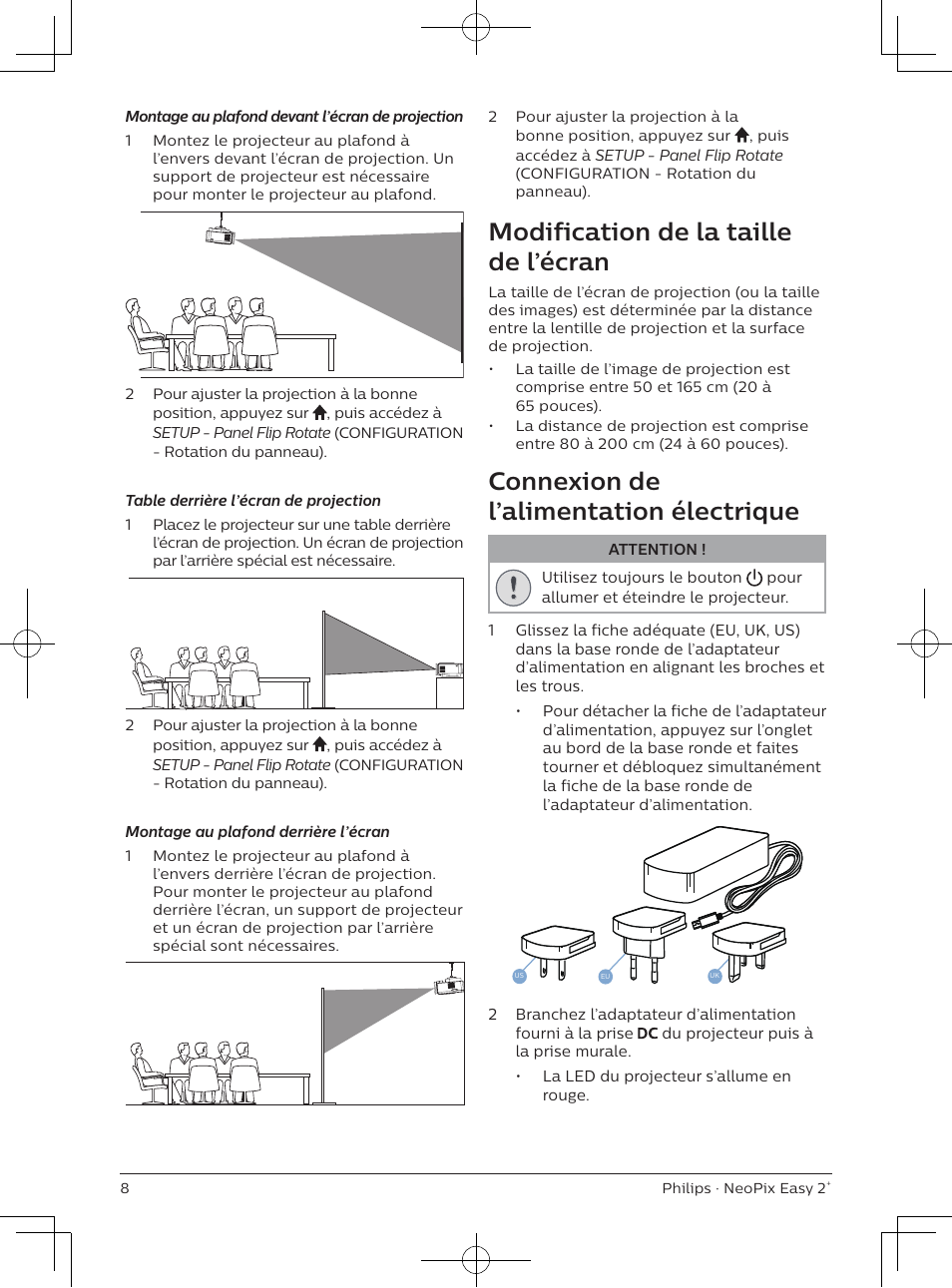 Modification de la taille de l’écran, Connexion de l’alimentation électrique | Philips NeoPix Easy 2+ HD LCD Projector User Manual | Page 29 / 154