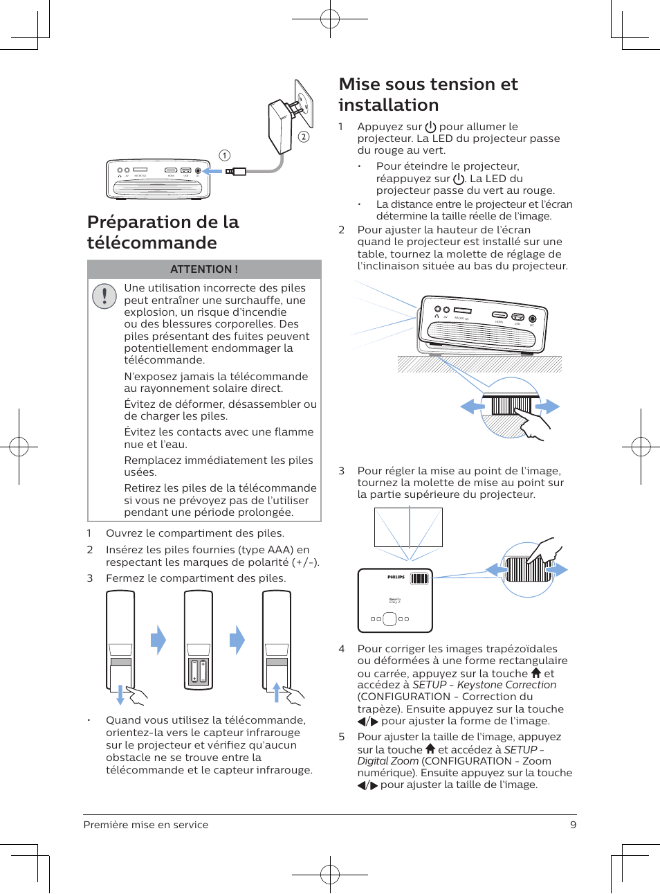 Préparation de la télécommande, Mise sous tension et installation | Philips NeoPix Easy 2+ HD LCD Projector User Manual | Page 30 / 154