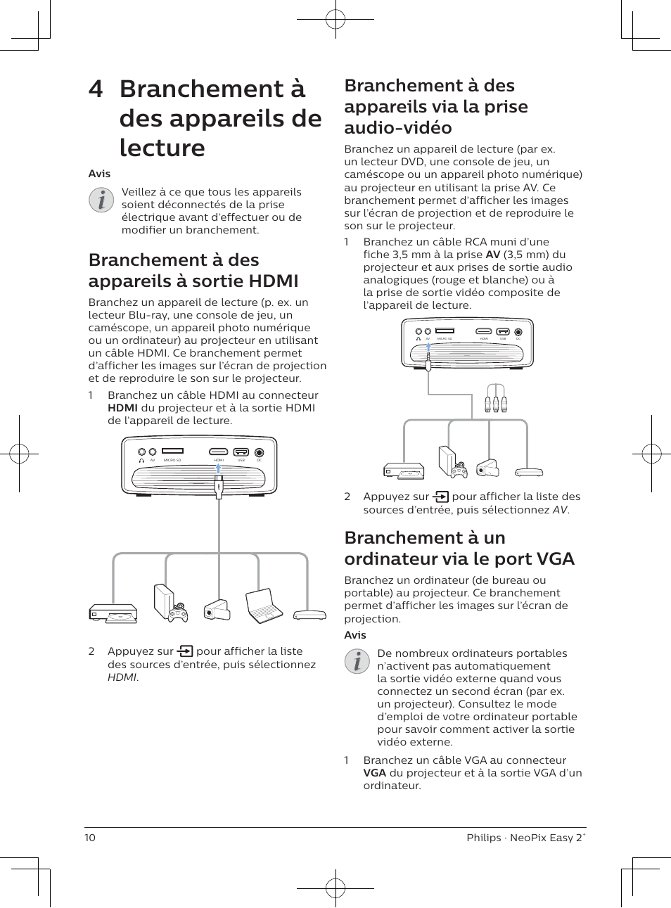 4 branchement à des appareils de lecture, Branchement à des appareils à sortie hdmi, Branchement à un ordinateur via le port vga | Philips NeoPix Easy 2+ HD LCD Projector User Manual | Page 31 / 154