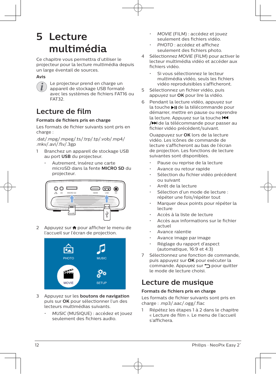 5 lecture multimédia, Lecture de film, Lecture de musique | Philips NeoPix Easy 2+ HD LCD Projector User Manual | Page 33 / 154