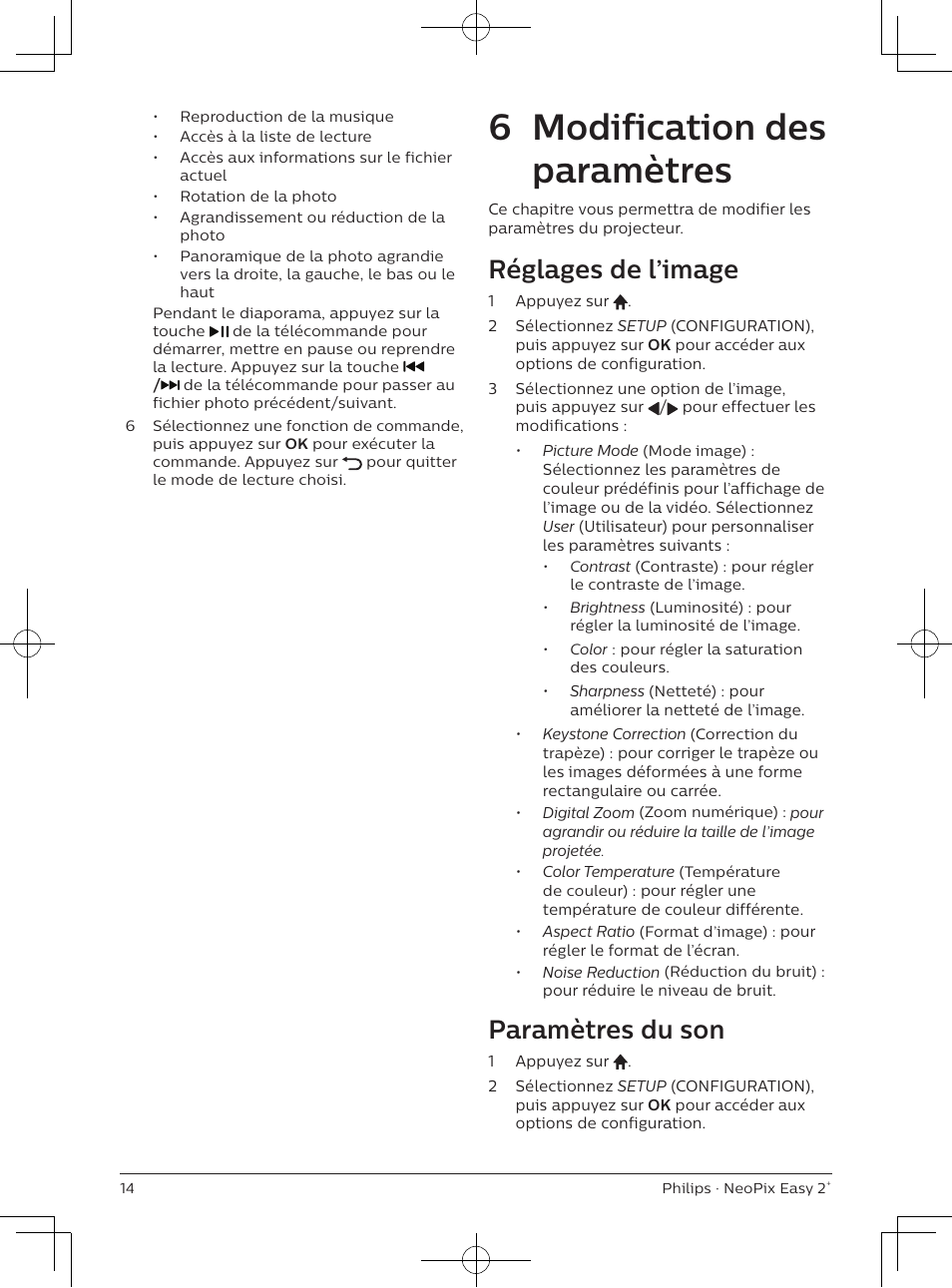 6 modification des paramètres, Réglages de l’image, Paramètres du son | Philips NeoPix Easy 2+ HD LCD Projector User Manual | Page 35 / 154