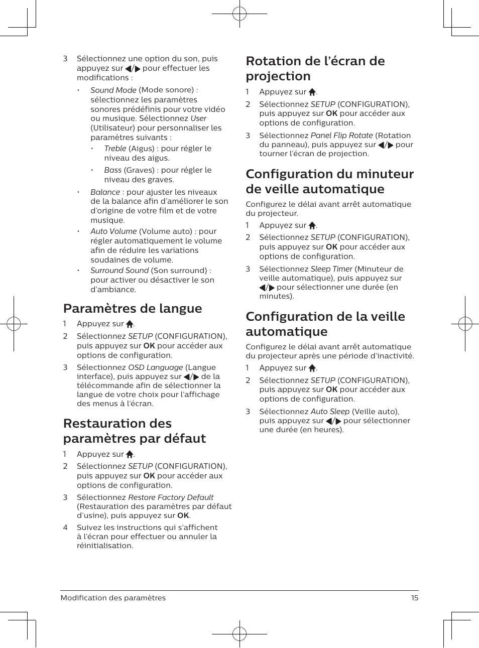 Paramètres de langue, Restauration des paramètres par défaut, Rotation de l’écran de projection | Configuration du minuteur de veille automatique, Configuration de la veille automatique | Philips NeoPix Easy 2+ HD LCD Projector User Manual | Page 36 / 154