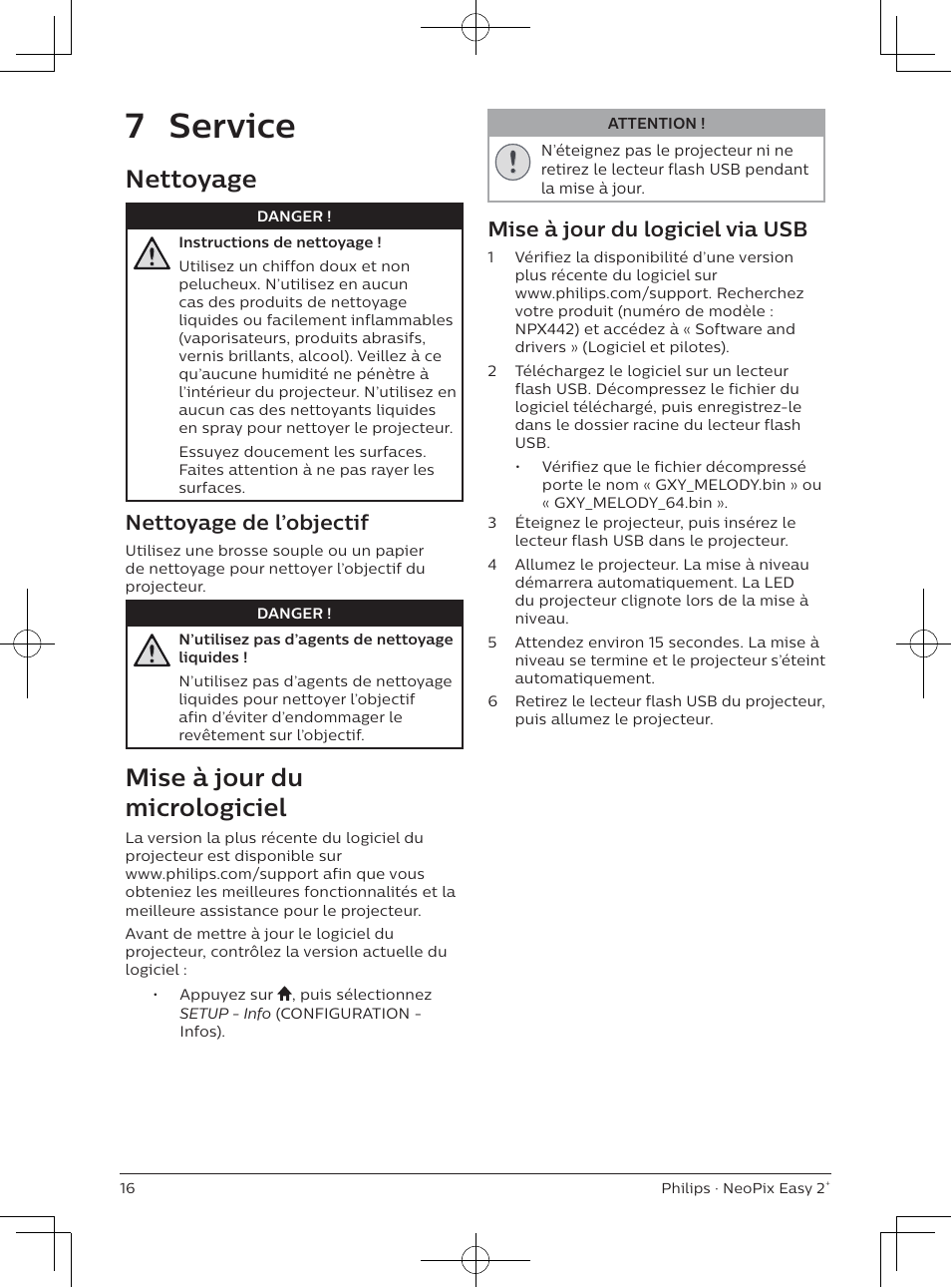 7 service, Nettoyage, Mise à jour du micrologiciel | Nettoyage de l’objectif, Mise à jour du logiciel via usb | Philips NeoPix Easy 2+ HD LCD Projector User Manual | Page 37 / 154